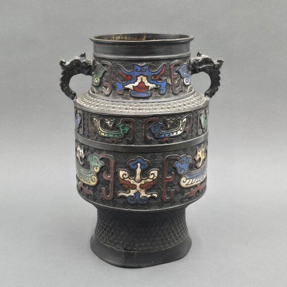 Estate Other - Antique Japanese Bronze Champleve Vase 11" Archaic Dragon Handle Meiji Style